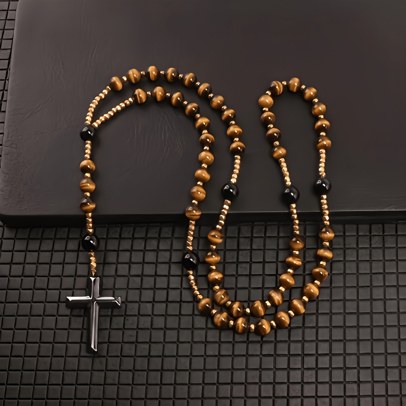 Blue Tiger Eye Cross Pendant Necklace, Unisex